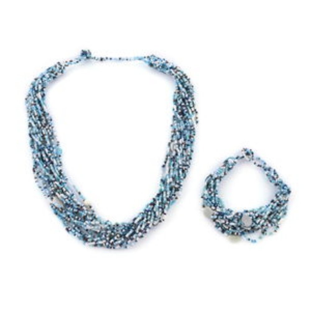 Blue and White Glass Seed Bead Necklace (Approx 18 Inches) and Bracelet (7.5